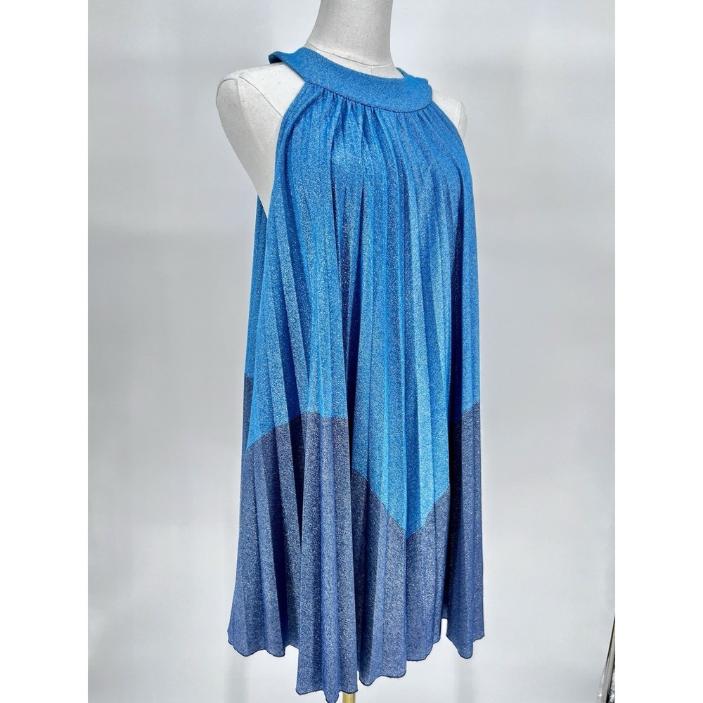 Free People Women's Pleated Love Metallic Mini Dress, Blue, XS Babydoll Style - Picture 2 of 14